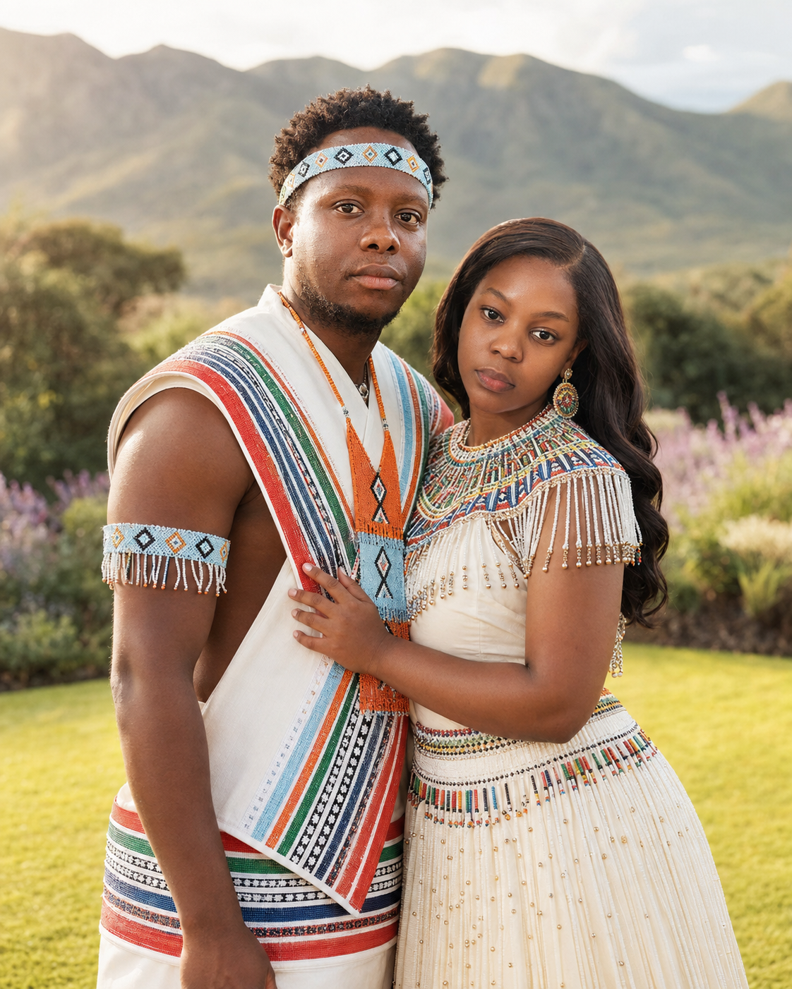 Neliswa Khambule and Sivuyile Pezulu in traditional beaded attire